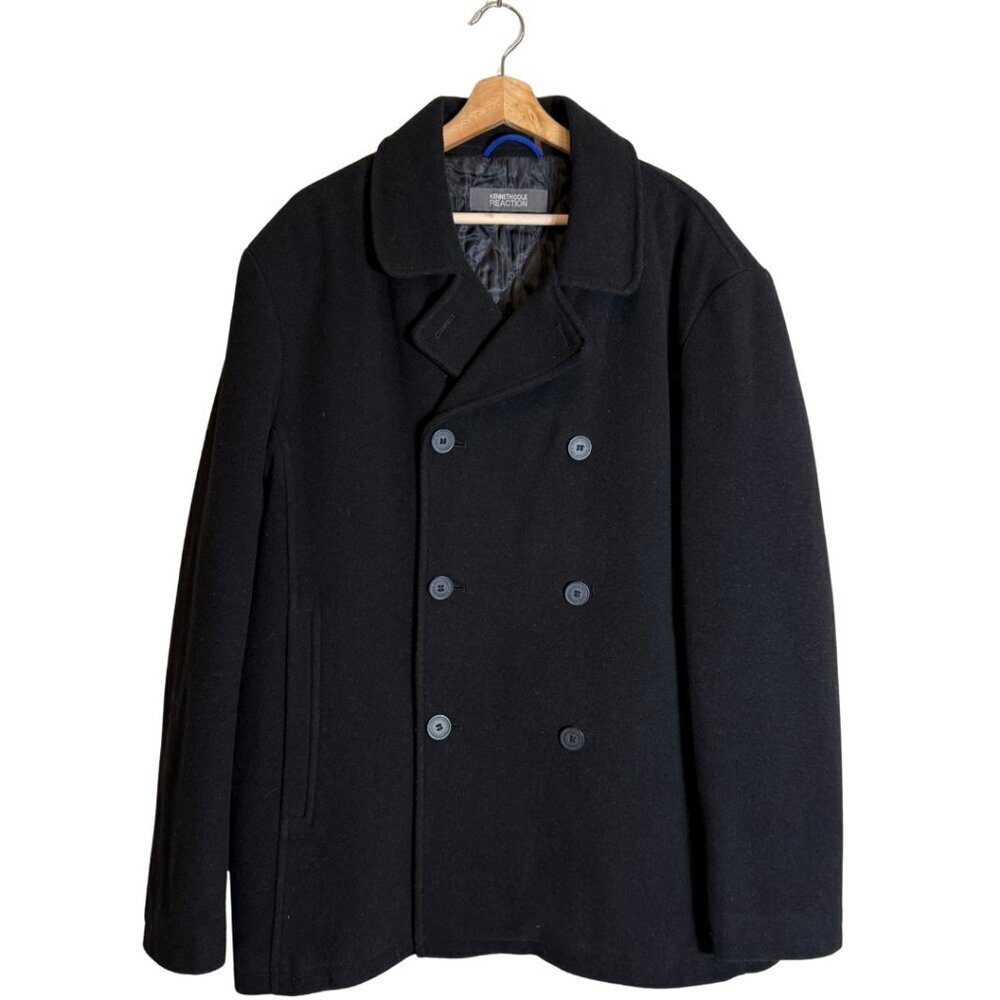 Kenneth Cole Reaction Double Breasted Wool Pea Coat Mens XL Black Preppy Outdoor